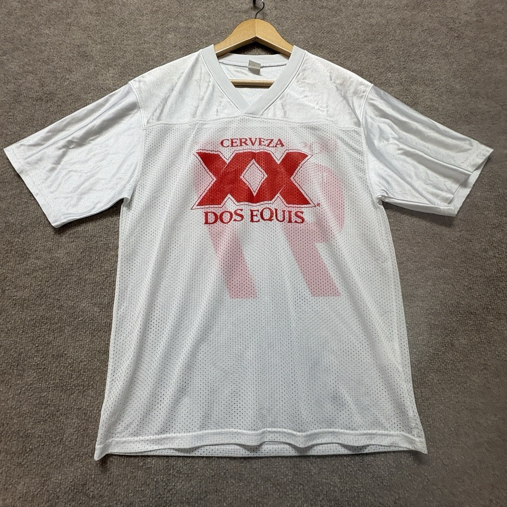 Dos Equis XX Cerveza Beer Jersey Mens Small White 1897 Logo Sport-Tek Tag